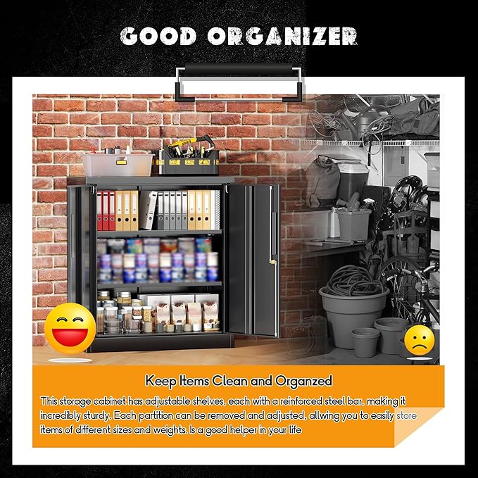 Greenvelly Metal Garage Storage Cabinet,36" Black Lockable Metal Cabinets with 2 Doors and Shelves,Storage Locking Counter Cabinet for Home Office,Garage,Kitchen,School-DeskLoop Office