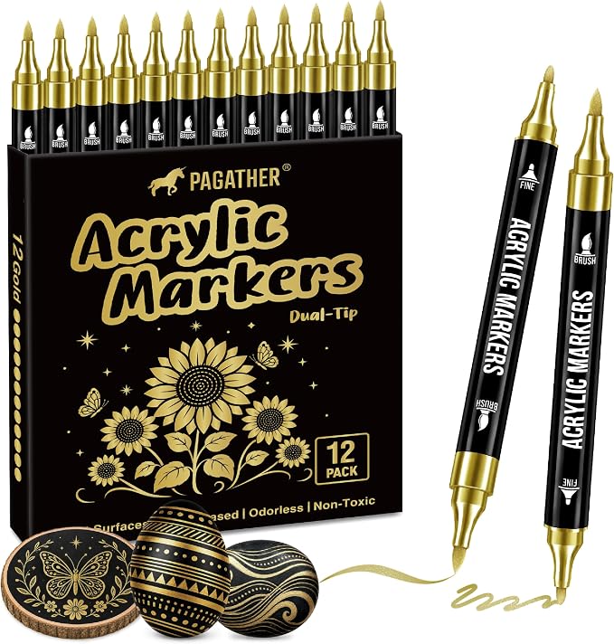 Pagather Gold Acrylic Paint Markers, 12 Pack Dual Tip by Pagather