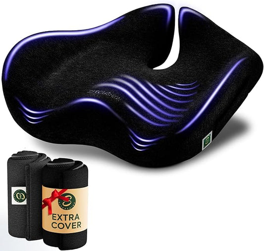 Pressure Relief Seat Cushion for Tailbone Pain – X Large Office Chair Cushion for Back Pain, Coccyx & Sciatica Pain Relief Pillow. Memory Foam Seat Cushions for Office Chairs. Extra Cover (Black)-DeskLoop Office