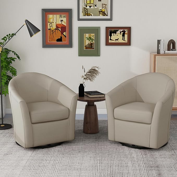 UIXE 360° Swivel Barrel Accent Chairs Set of 2, Modern Round Arm Chair Upholstered Club Armchair, Single Sofa Seating in Fabric for Living Room, Bedroom (Flax Brown)-DeskLoop Office