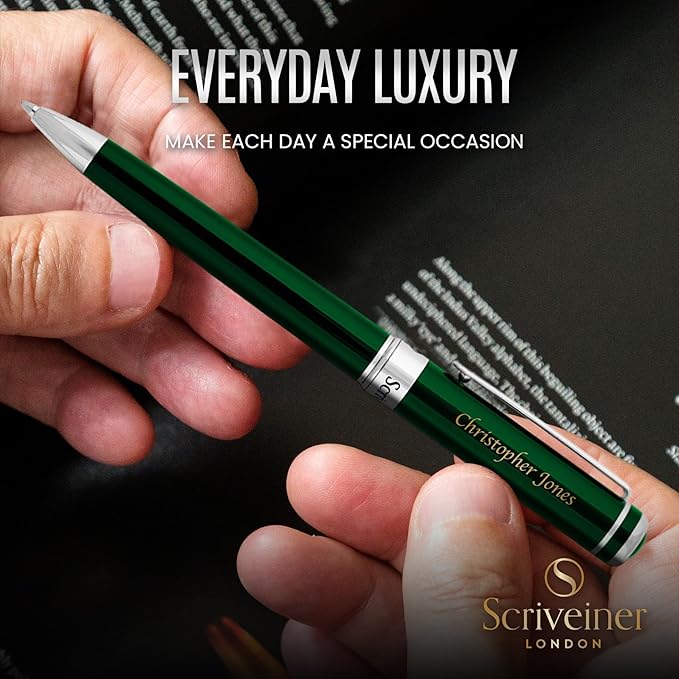 Scriveiner Personalized British Racing Green Pen - Stunning Green Lacquer Luxury Pen with Chrome Finish, Schmidt Ink Refill, Best Engraved Ball Point Gift Set for Men & Women, Custom Name Engraving-DeskLoop Office