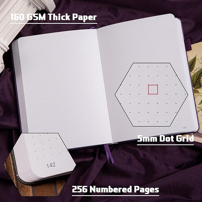 TIEFOSSI Bullet Dotted Journal Notebook, 160gsm 256 Numbered Thick Paper, A5 Hardcover Dotted Grid Diary for Women Men Work Writing, Bullet Journaling, Drawing, 5.8 x 8.3 in-DeskLoop Office