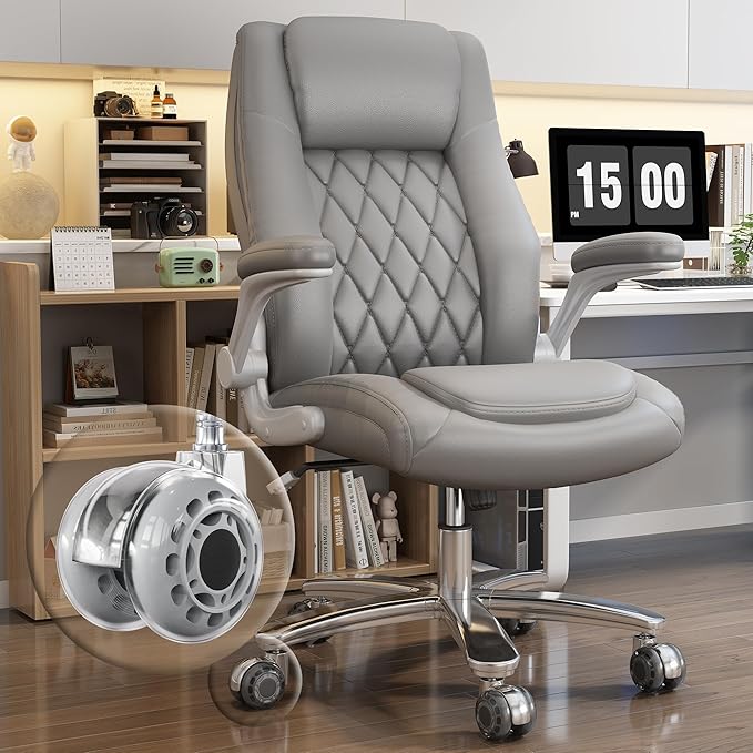 GYI O205P High Back Executive Office Chair, Big and Tall Office Chair 400LBS with Rubber Wheels,Ergonomic Adjustable Computer Desk Chairs with Padded Flip-up Armrests,Lumbar Support (Grey)-DeskLoop Office