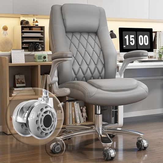 GYI O205P High Back Executive Office Chair, Big and Tall Office Chair 400LBS with Rubber Wheels,Ergonomic Adjustable Computer Desk Chairs with Padded Flip-up Armrests,Lumbar Support (Grey)-DeskLoop Office