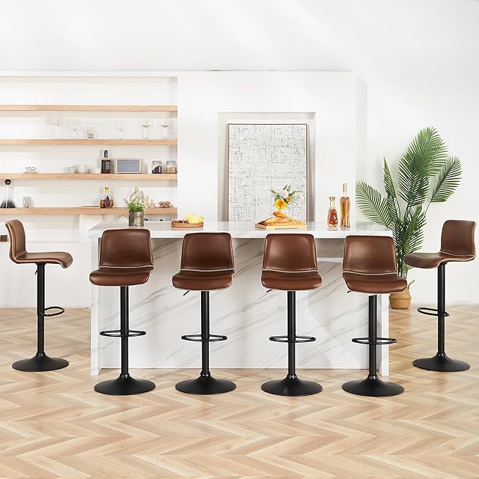 HeuGah Bar Stools Set of 3, Swivel Counter Height Barstools with Back, Adjustable Height 24" to 32", Brown Faux Leather Bar Chairs for Kitchen Island (Brown, Set of 3 (24'' to 32''))-DeskLoop Office
