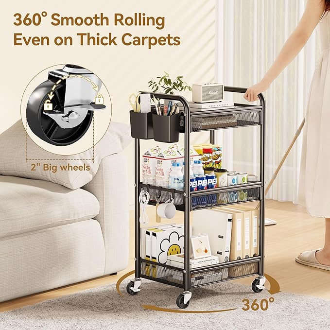 YASONIC 3 Tier Rolling Cart – Metal Utility Storage Carts - Image 5
