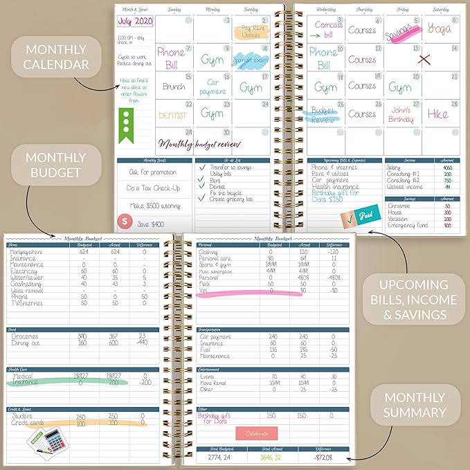 GoGirl Budget Planner & Monthly Bill Organizer – Monthly Financial Book with Pockets. Expense Tracker Notebook Journal, Large (Seashell)