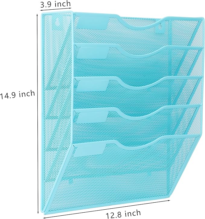 EASEPRES 5 Pocket Mesh Hanging Wall File Organizer, Wall Mounted Mail Paper Document Folder Holder, Clipboard Storage Organization Magazine Rack with Nametag Label for Office Home School, Blue-DeskLoop Office