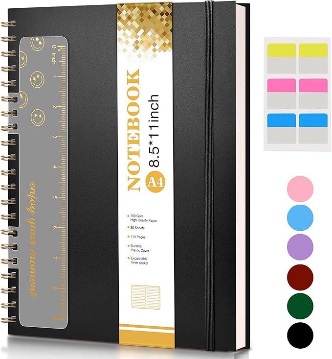 Spiral Notebook Journal 8.5” x 11”, A4 Large Notebooks for Women Men, College Ruled Lined Journal, 100 GSM Paper, Plastic Hardcover Spiral Bound Journals for Work School Note Taking Business, Black-DeskLoop Office