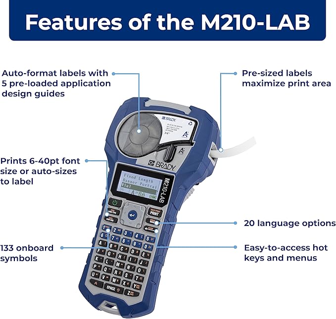 Brady M210-LAB Portable Label Printer, Blue/Gray, 9.5 in H x 4.5 in W x 2.5 in D-DeskLoop Office