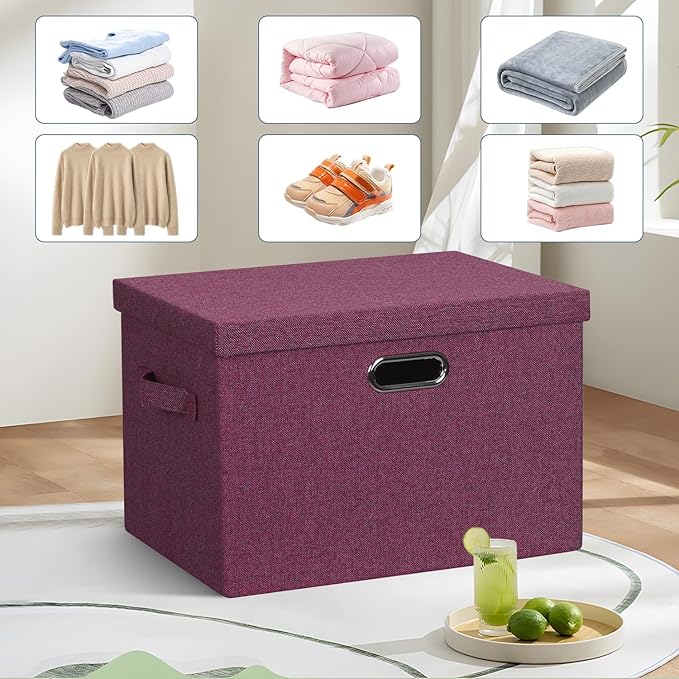 Large 17" 36 Quart Collapsible Stackable Storage Bins with Lids, 3 Packs Purple Linen Fabric Closet Boxes with Lids, Storage Cube Baskets Container Organizers for Bedroom Office (17x12x11)-DeskLoop Office