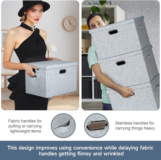 Large 17" 36 Quart Collapsible Stackable Storage Bins with Lids, 3 Packs Blue-Grey Linen Fabric Closet Boxes with Lids, Storage Cube Baskets Container Organizers for Bedroom (17x12x11)-DeskLoop Office