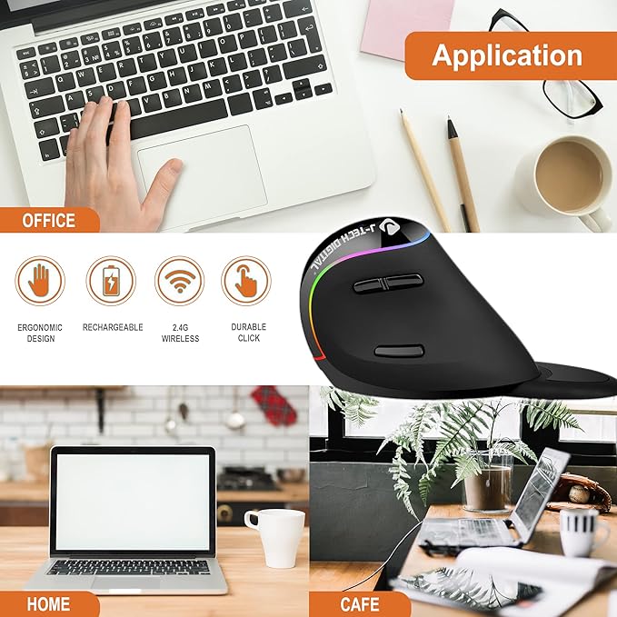 J-Tech Digital Ergonomic Mouse with Wireless Connection, Removable Palm Rest, Thumb Buttons, Rechargeable Battery, 800 DPI, Compatible with Windows and MAC OS-DeskLoop Office