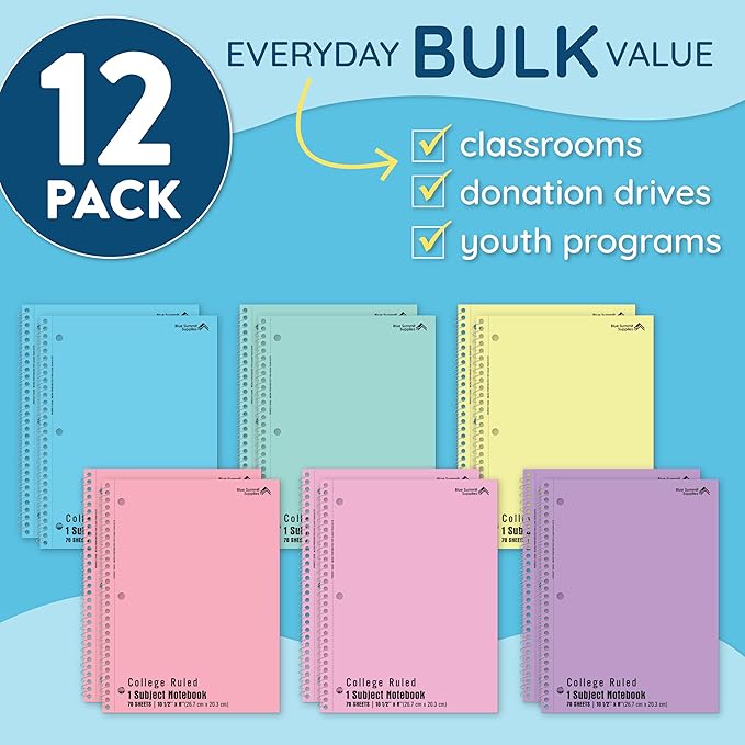 Blue Summit Pastel Spiral Notebook College Ruled, One Subject School Notebooks Spiral, Perforated Notebooks Bulk, 8 x 10.5 School Book, Paper, College Ruled, 12 Pack-DeskLoop Office