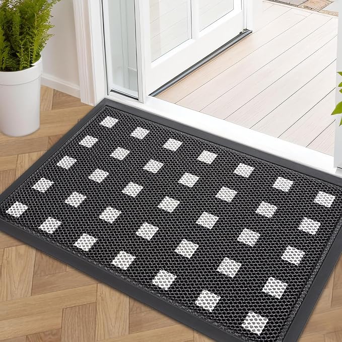 Front Door Mat Indoor Entrance 29.5"x17" for Apartments/Small Spaces, Heavy Duty Rubber Entryway Mats Backing Inside/Outside Dirt Trapping, All Weather Outdoor Rug Black and White-DeskLoop Office