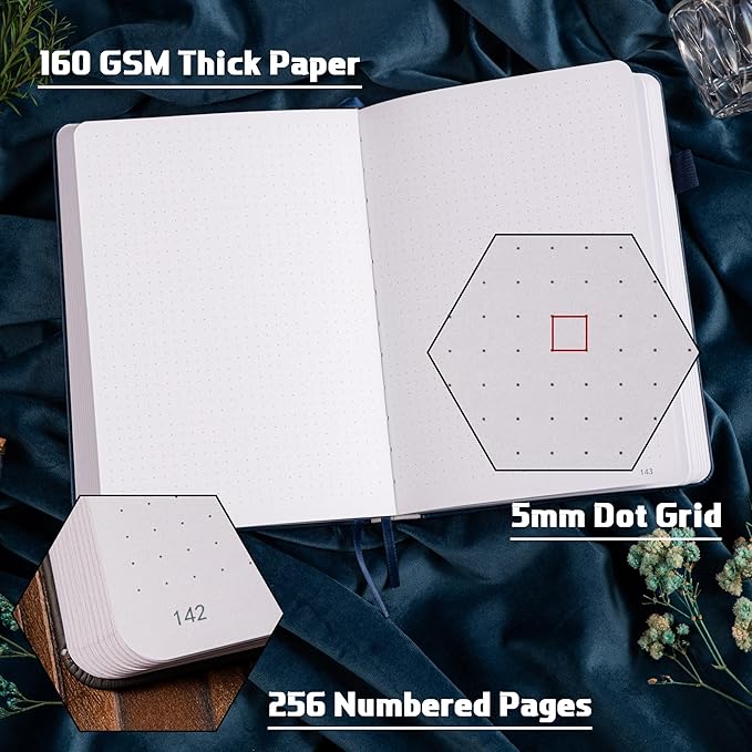 TIEFOSSI Bullet Dotted Journal Notebook, 160gsm 256 Numbered Thick Paper, A5 Hardcover Dotted Grid Diary for Women Men Work Writing, Bullet Journaling, Drawing, 5.8 x 8.3 in-DeskLoop Office