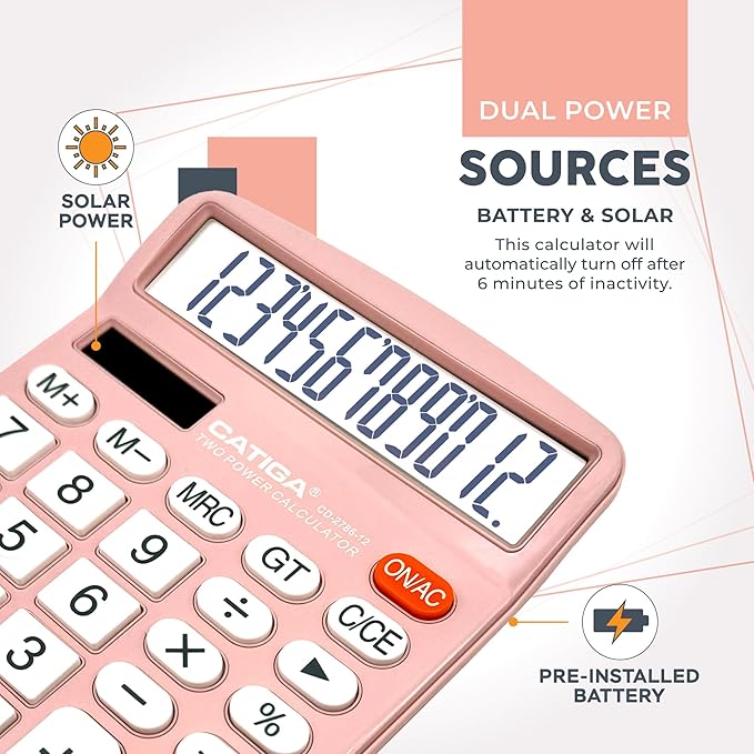 CATIGA 12 Digits Desktop Calculator with Large LCD Display and Sensitive Button, Dual Solar Power and Battery, Standard Function for Office, Home, School, CD-2786(Light Pink)-DeskLoop Office