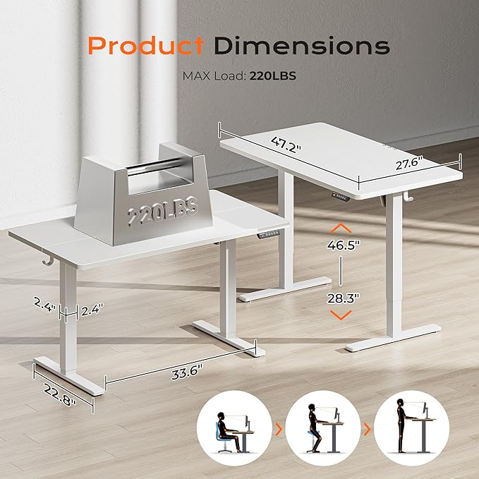 Huuger 48 x 28 Large Electric Standing Desk, Height Adjustable Desk, 27.6" Deep Desktop, Stand up Gaming, 2 Hooks, 3 Preset Heights, for Home Office, White-DeskLoop Office