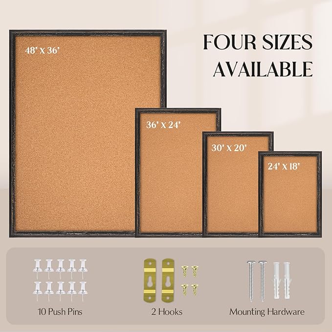 Cork Board Bulletin Board - 24" x 18" - Rustic Black Frame Corkboard for Wall - Decorative Pin Board, Message Board, Vision Board, Picture Board, Photo Board-DeskLoop Office