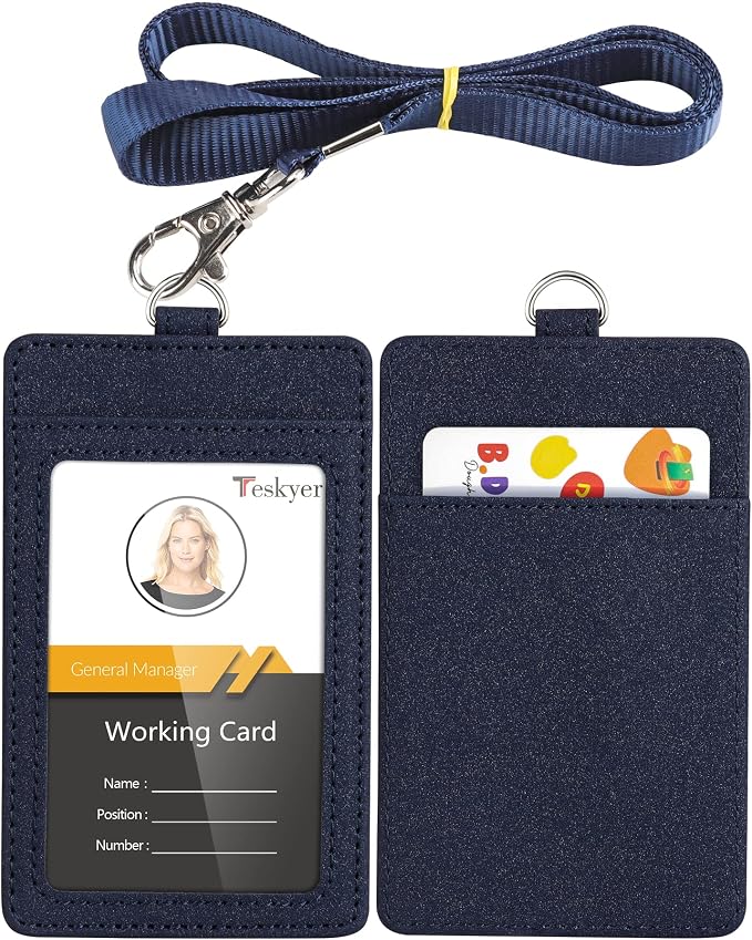 Teskyer Badge Holder with Lanyard, Leather ID Name Badge Card Holder with by TESKYER