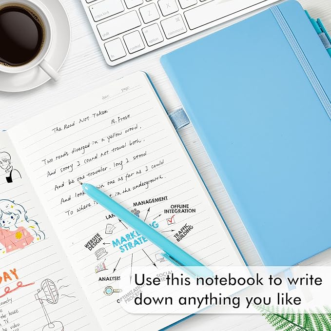 feela 5 Pack Notebooks Journals Bulk, Hardcover Classic Ruled Lined Journals with Pen Holder for Women Girls School Business Supplies, with 5 Black Pens, 120 GSM, 5.1”x8.3”, A5, Blue-DeskLoop Office