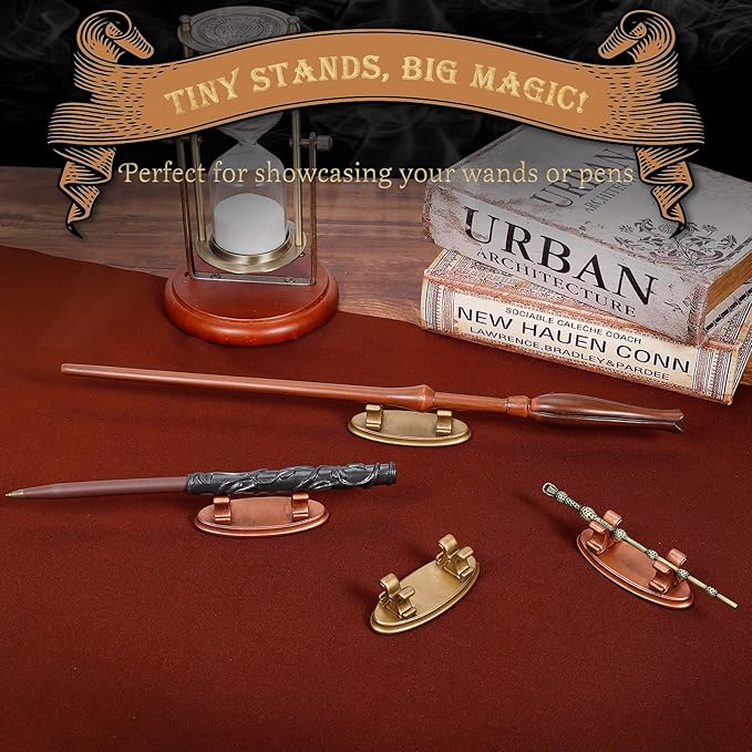 4PCS Resin Pen Holders Wizard Magic Wand Display Stands Mini Holders for Pencil Desk Decor Collection, 2.8'' L×1.1'' W× 0.9'' H, Gold & Rosegold-DeskLoop Office