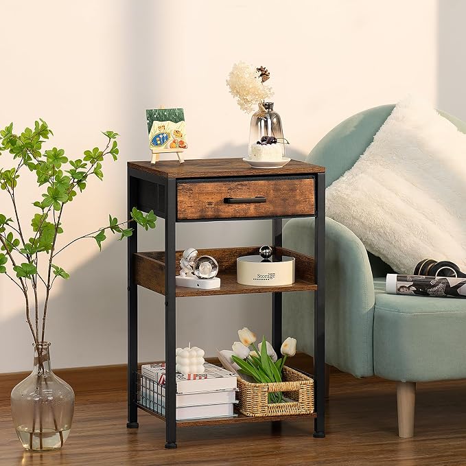 Lerliuo End Table with Fabric Drawer, 3 Tier Industrial Wood Side Table with - Image 2