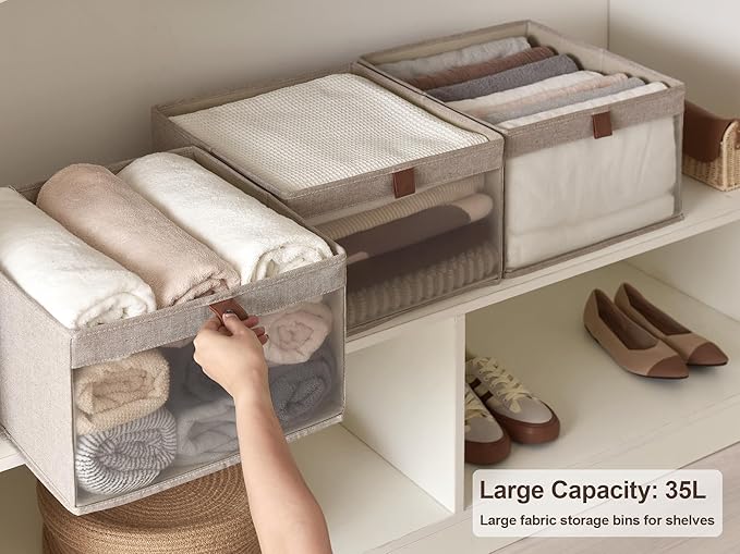 StorageWorks Closet Storage Bins, Large Storage Baskets with Clear Window and Handles, Foldable Fabric Organizer for Clothes, Shelves, Brown and Beige, 3 Pack-DeskLoop Office