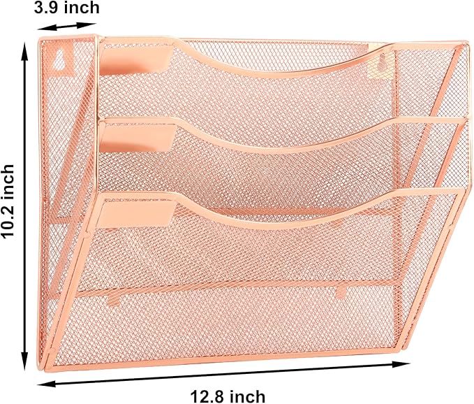 EASEPRES 3 Pocket Mesh Hanging Wall File Organizer, Wall Mounted Mail Paper Document Folder Holder, Clipboard Storage Organization Magazine Rack with Nametag Label for Office Home School, Rose Gold-DeskLoop Office