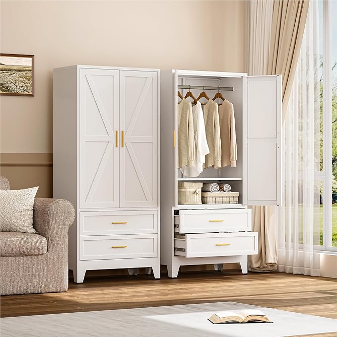 Farmhouse Wardrobe Cabinet with 2 Drawers,Metal Wardrobe Closet with Hanging Rod,Metal Armoire with Adjustable Shelves for Bedroom,Living Room, Cloak Room,Office (White)-DeskLoop Office