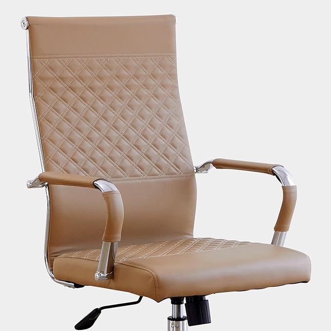 Livinia Modern Executive Office Chair with Patterned Back Design, Chrome & Leather Swivel Chair with High Back, Adjustable Height, Removable Armrests, and Wheels for Home Office (Brown(Chrome))-DeskLoop Office