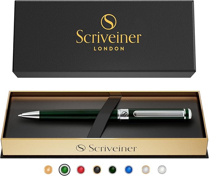 Scriveiner Green Ballpoint Pen - Stunning British Racing Green Luxury Pen, Chrome Finish, Schmidt Black Refill, Best Ball Pen Gift Set for Men & Women, Professional Executive Office, Nice Designer Pen-DeskLoop Office