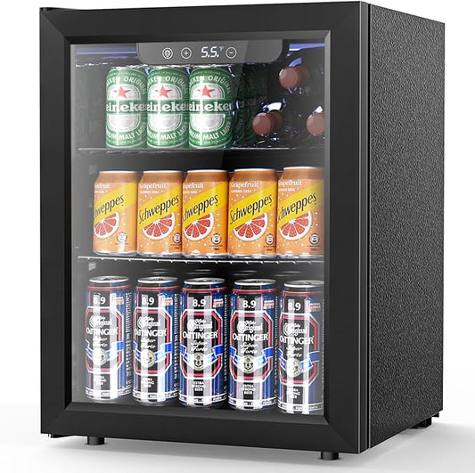 1.7 Cu.ft Beverage Refrigerator Cooler, 68 Can Mini Fridge Glass Door with Adjustable Shelves, Digital Temperature Display, Freestanding Small Drink Fridge for Home, Office or Bar(Black)-DeskLoop Office