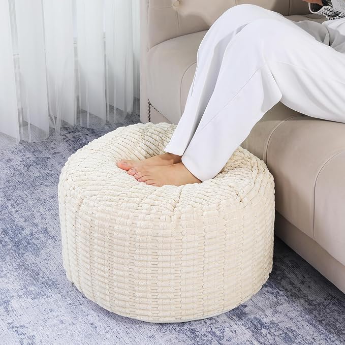 HOMBYS Unstuffed Ottoman Pouf Cover, Round Faux Fur Foot Stool, Fuzzy Chair - Image 2