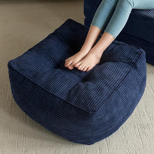 HIGOGOGO Square Stuffed Pouf Ottoman, Corduroy Poufs with Foam Chunk Filling, Furry and Fluffy Pouf Foot Stool Storage Ottoman, 25.6 X 25.6 Floor Poufs Foot Rest for Living Room, Navy-DeskLoop Office