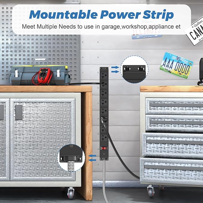 20 Amp Power Strip Heavy Duty, 12 Gauge Extension Cord for Appliance Workbench Garage Industrial, Metal 8 Outlets Combine with T-Plug Adapter 5-20R T-Slot, 1200J Surge Protector-DeskLoop Office