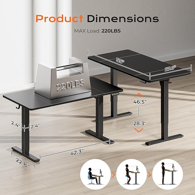 Huuger 55 x 28 Large Electric Standing Desk, Height Adjustable Computer Desk, 27.6" Deep Desktop, Stand up Gaming Office Table with 2 Hooks, 3 Preset Heights, for Home Office, Black-DeskLoop Office