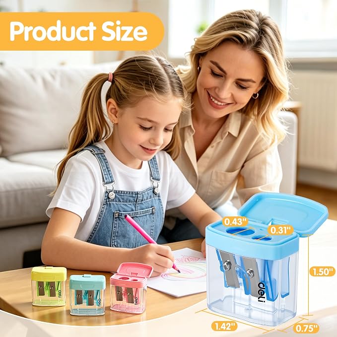 Deli Pencil Sharpener, 100 Pack Pencil Sharpeners Manual, Dual Holes Compact - Image 2