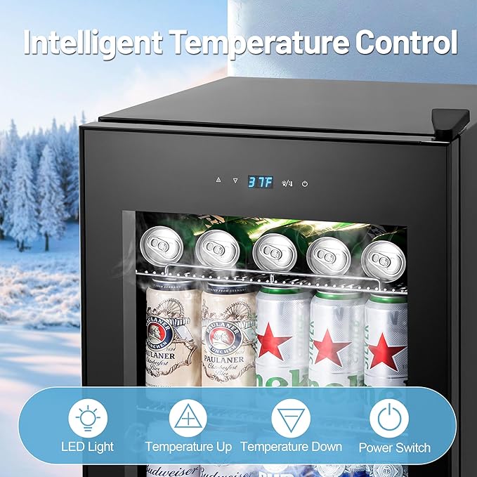 Beverage Refrigerator Cooler, 17 Inch 120 Cans Freestanding Mini Fridge with Glass Door, Adjustable Shelves and LED Light, Small Drink Fridge Counter-top Beer Fridge for Bedroom Office Bar-DeskLoop Office