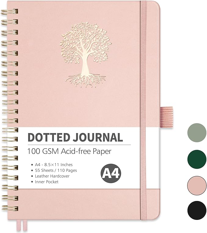 RETTACY Bullet Dotted Journal Notebook, 110 Pages, A4 Large Size (8.5" × 11"), Leather Hardcover, 100 GSM Thick Paper, Spiral-bound, for Bullet Journaling, Planning, Tracking (Rose Gold)-DeskLoop Office