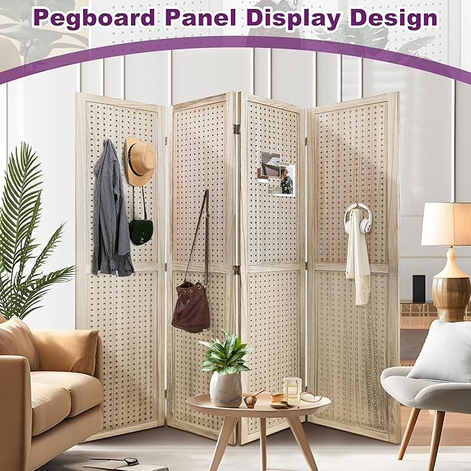 Room Divider, 5.6FT Folding Room Divider Panel, 4 Panel Pegboard Display Wood Partition Wall Divider for Room Separation& Craft Shows, Natural Wood-DeskLoop Office