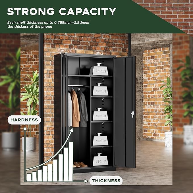 Greenvelly Metal Wardrobe Cabinet with Locking Doors, 72"H Black Metal Wardrobe Closet with Hanging Rods and Adjustable Shelves, Clothing Storage Closet for Home, Office, Employee, Gym (18" D x 36” W)-DeskLoop Office