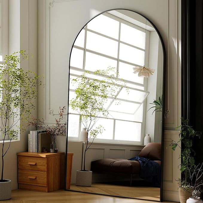 GLSLAND 72" x 44" Arched Full Length Mirror - Oversized Aluminum Alloy Frame Full Body Floor Mirrors with Stand Wall Mounted for Bedroom/Living Room, Black-DeskLoop Office