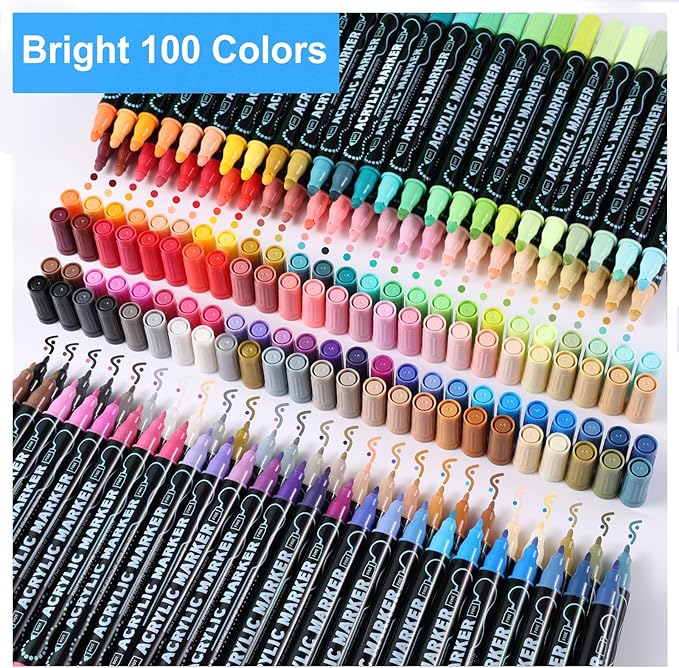 100 Colors Waterproof Dual Tip Acrylic Paint Pens, Dot & Fine Tip Premium Coloring Drawing Markers Set for Wood, Rock, Canvas, Glass, Ceramic Surfaces and DIY Crafts Making Art Supplies-DeskLoop Office