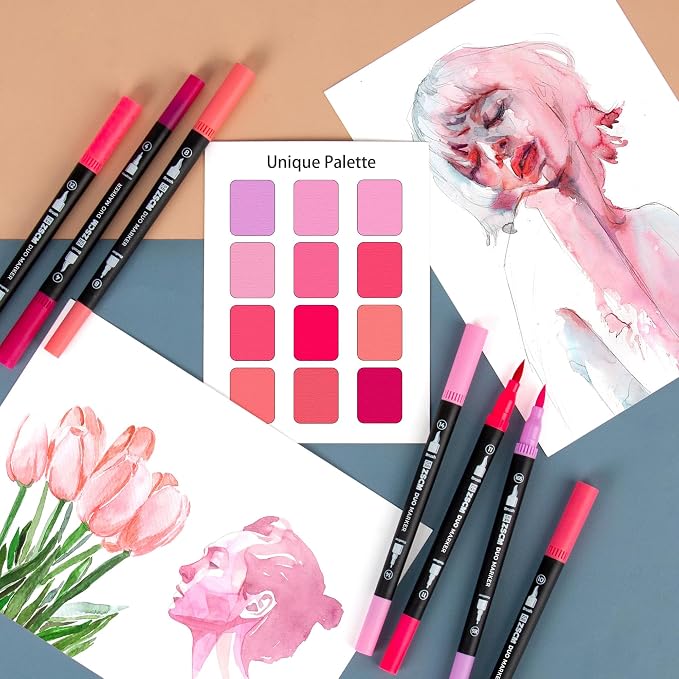 ZSCM Pink Duo Tip Marker Pens, 12 Pack Fine & Brush Markers - Image 4