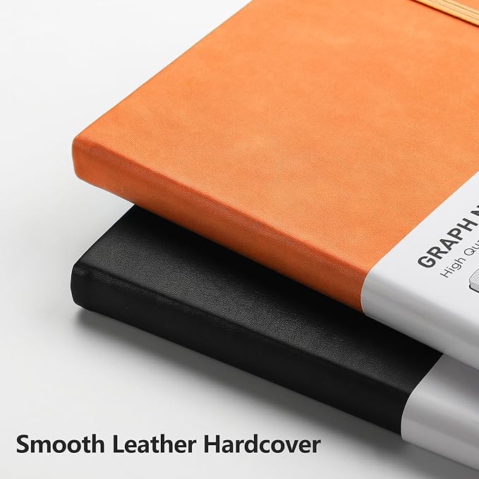 RETTACY Graph Grid Paper Notebook, 192 Pages, A5 Medium Size (5.7'' x 8.3''), 5 Squares per Inch, Leather Hardcover, 100 GSM Thick Paper, for School, Students, Math, Engineering (Orange)-DeskLoop Office