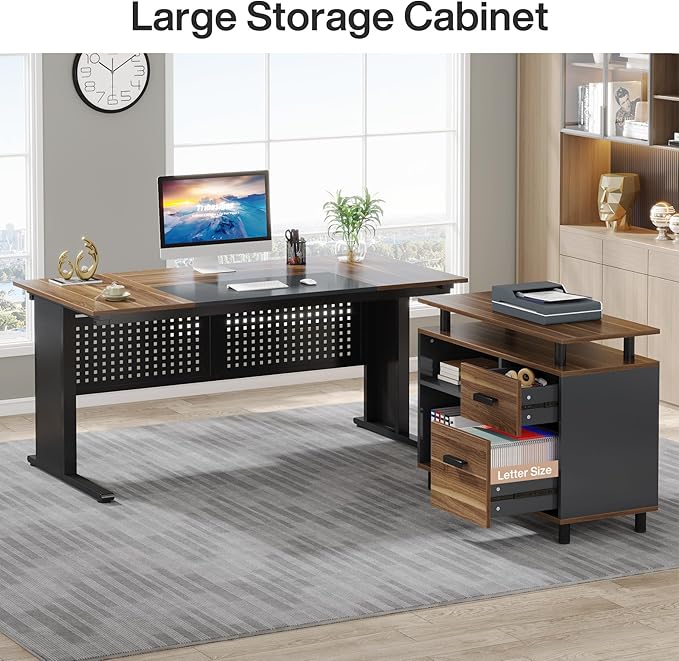 Tribesigns 63 Inch Executive Desk with File Cabinet, Large Office Desk L Shaped Computer Desk with Drawers and Storage Shelves, Business Furniture Desk Workstation for Home Office, Brown and Black-DeskLoop Office