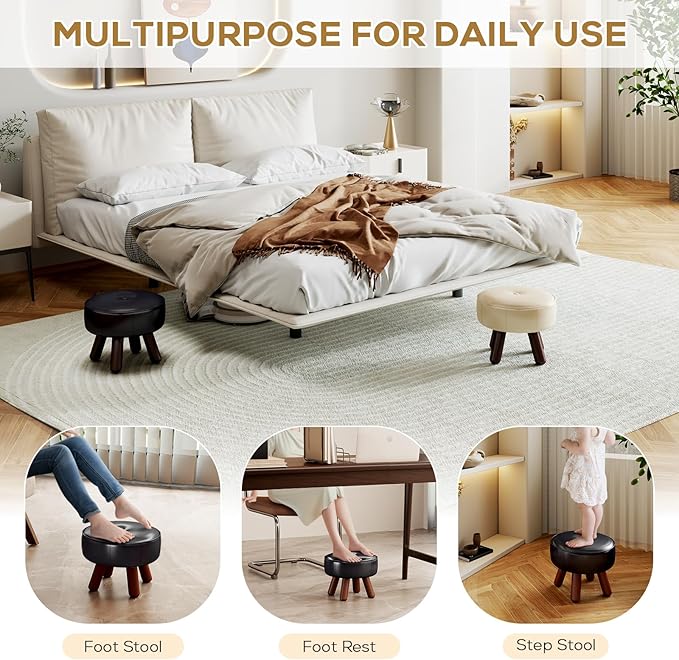 13in Small Foot Stool Ottoman, Round Faux Leather Foot Rest, Footstool Ottomans with Rubber Legs Under Desk, Footrest for Couch, Living Room, Bedroom, Office, 13''L x 13''W x 10.2''H, Black-DeskLoop Office