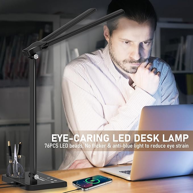 Dimmable LED Desk Lamp with USB Charging Port, 50 Lighting Modes Dual Swing Arm Architect Table Lamp Light Desk Lamp for Home Office Dorm Piano Nail-DeskLoop Office