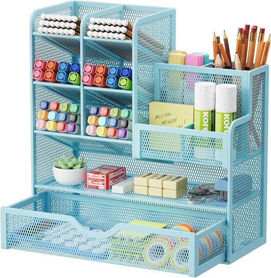 Marbrasse Mesh Pen Holder for Desk, Multi-Functional Pencil Organizer with Drawer, Desk Organizers and Accessories for Office Art Supplies (Blue)-DeskLoop Office